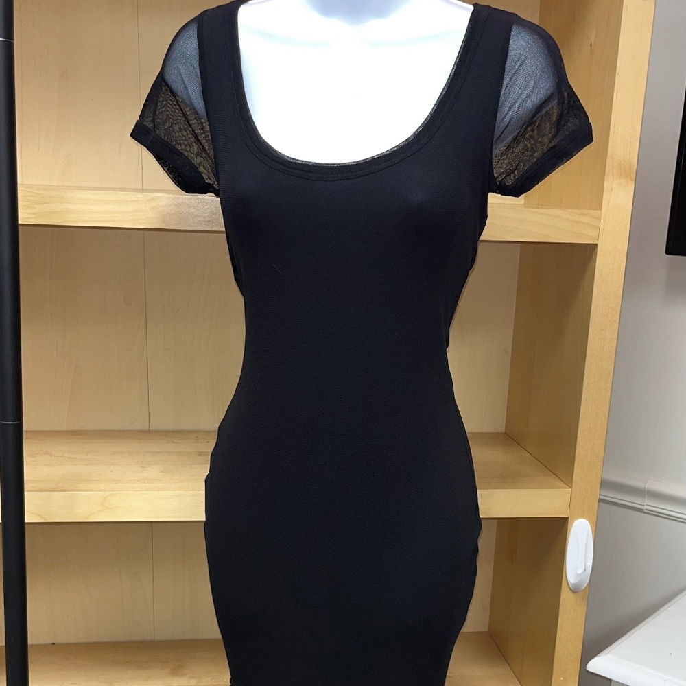 JEAN PAUL GAULTIER SOLEIL BODYCON MESH BLACK DRESS WITH SHREDDED HEM LG